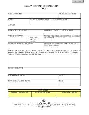 CSUUAW CONTRACT GRIEVANCE FORM UNIT 11