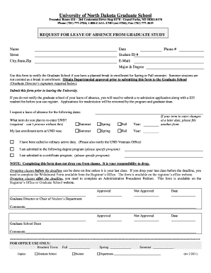 Leave of Absense School of Graduate Studies University of North  Form