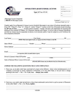 Kenosha Bartending License  Form