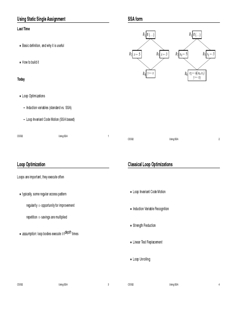 Using Static Single Assignment SSA Form Loop Optimization