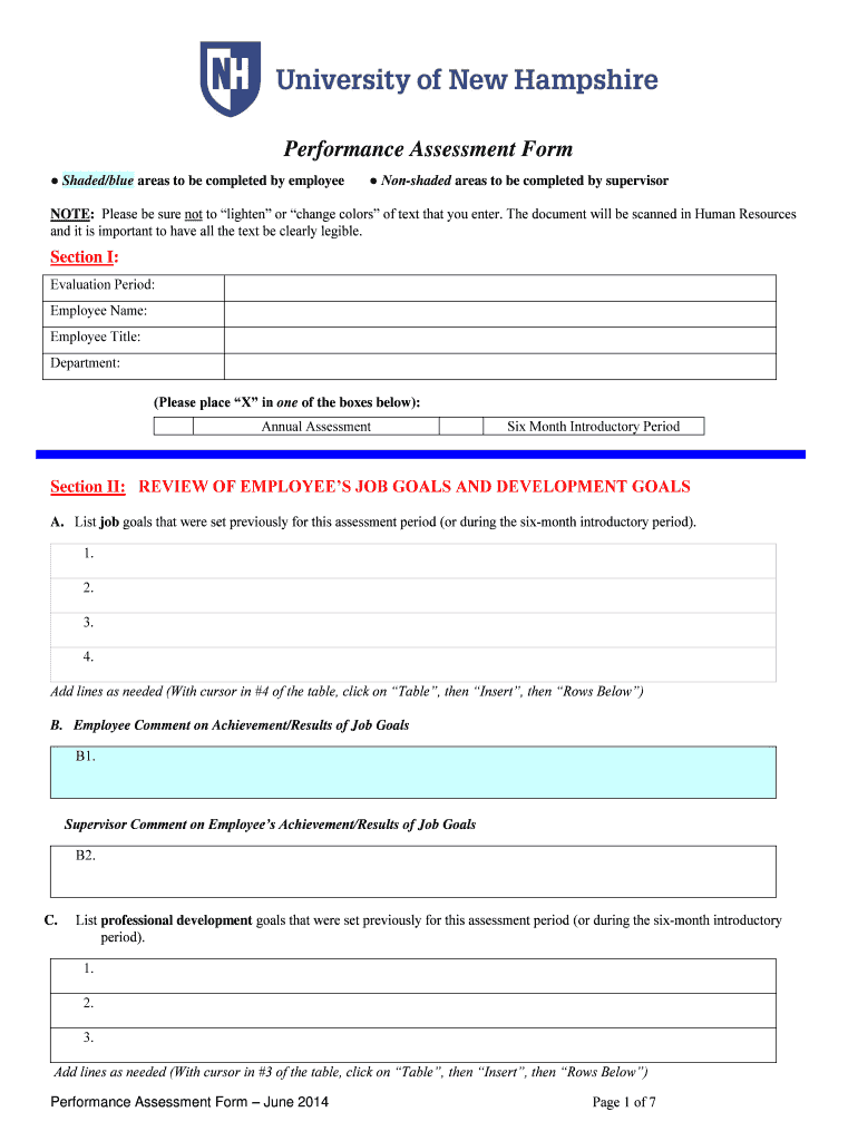 Performance Assessment Form  Unh