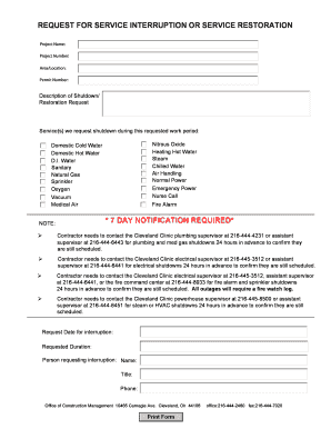 Request for Service Interruption or Service Restoration  Form