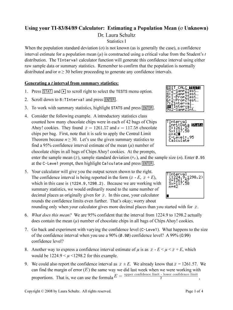 Using Your TI 838489 Calculator Estimating a Population Mean Unknown  Form