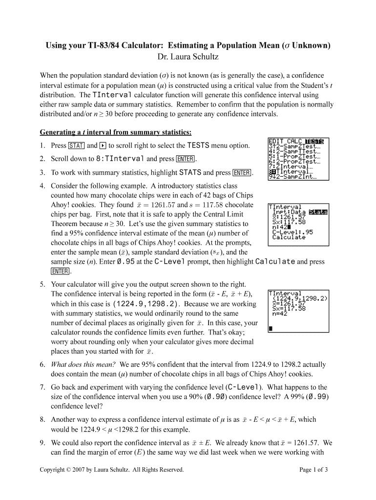 Using Your TI 8384 Calculator Estimating a Population Mean Unknown  Form