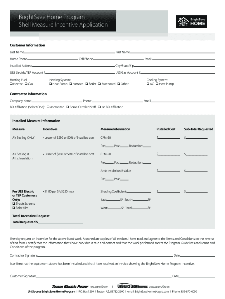 BrightSave Home Program Shell Measure Incentive Application  Form
