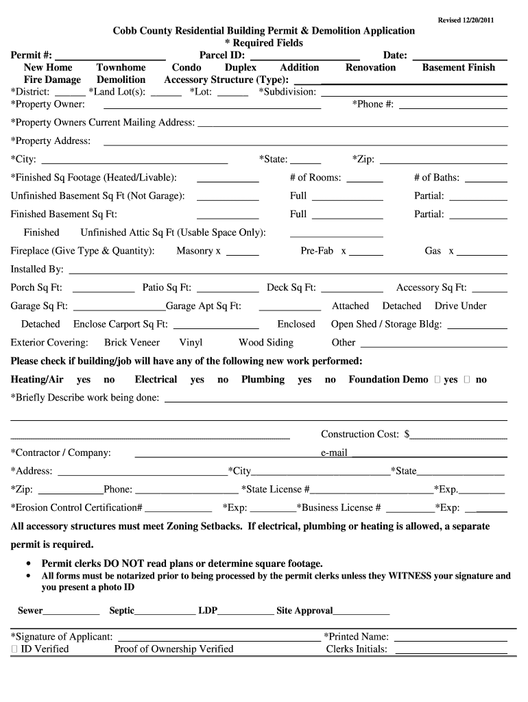 Cobb County Residential Building Permit & Demolition Application    Comdev Cobbcountyga  Form