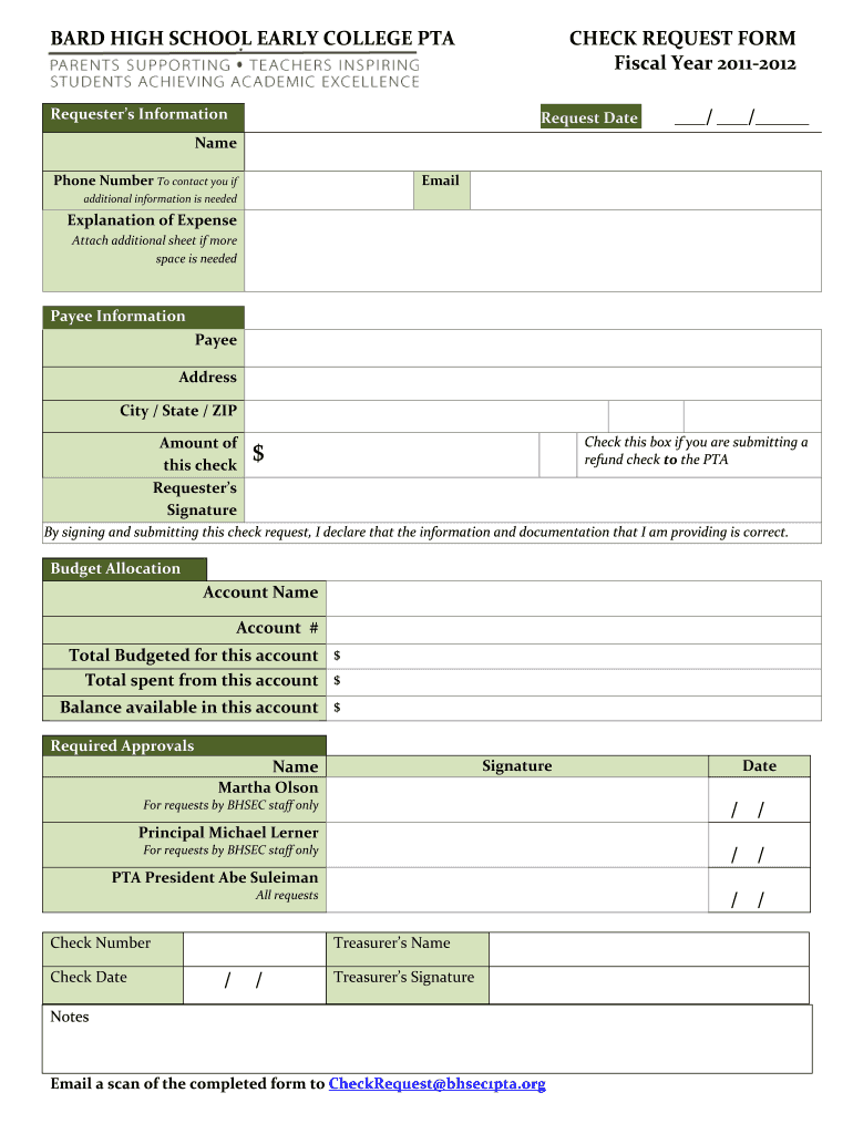 Checkrequestform2 Bard High School Early College Parent Bhsec1pta