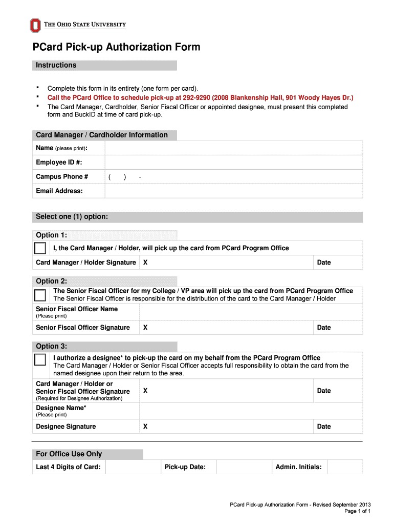 Card Pick Up Authorization Form Office of the Controller the Ohio