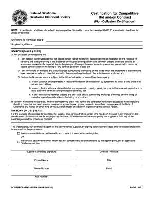 Certification for Competitive Bid Andor Contract Oklahoma  Form