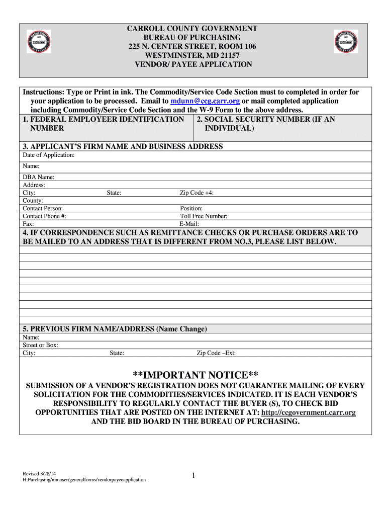 Vendor Payee Application Carroll County Government  Form