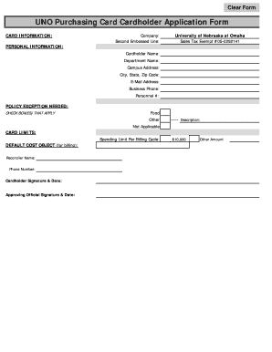 UNO Purchasing Card Cardholder Application Form