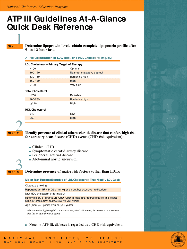 ATP III Guidelines at a Glance Quick Desk Reference Cholesterol, Heart Disease  Nhlbi Nih  Form