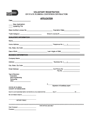 Voluntary Registration of State Florida Certified Contractor Application Miamidade  Form