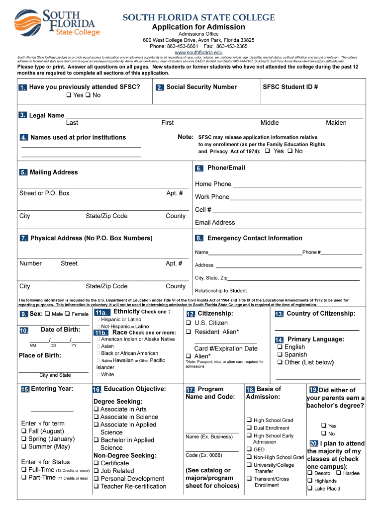 South Florida Community College Application for Admission  Southflorida  Form