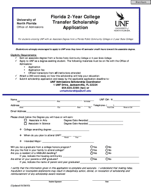 Florida 2 Year College Transfer Scholarship Application  Form