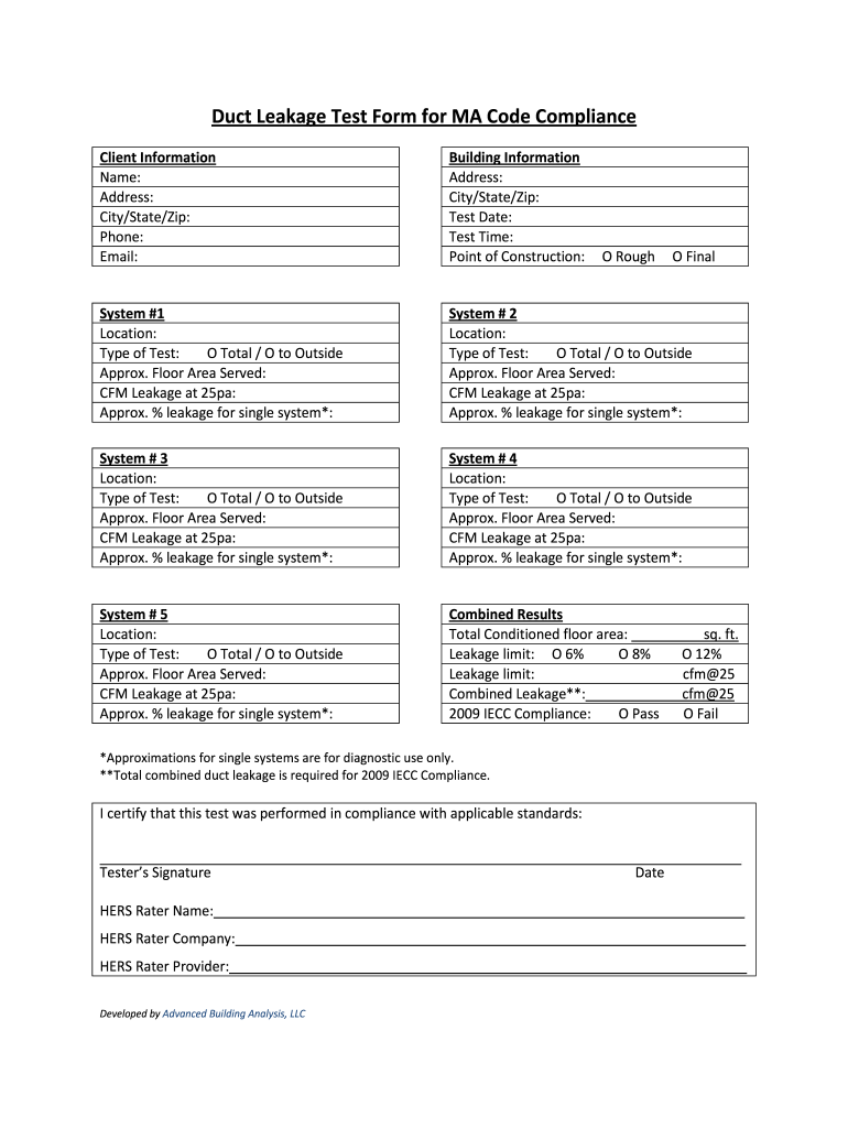 Smacna Air Duct Leakage Test Summary  Form