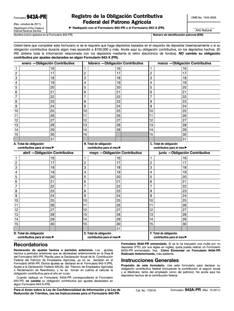 Form 943 a PR Rev October Internal Revenue Service