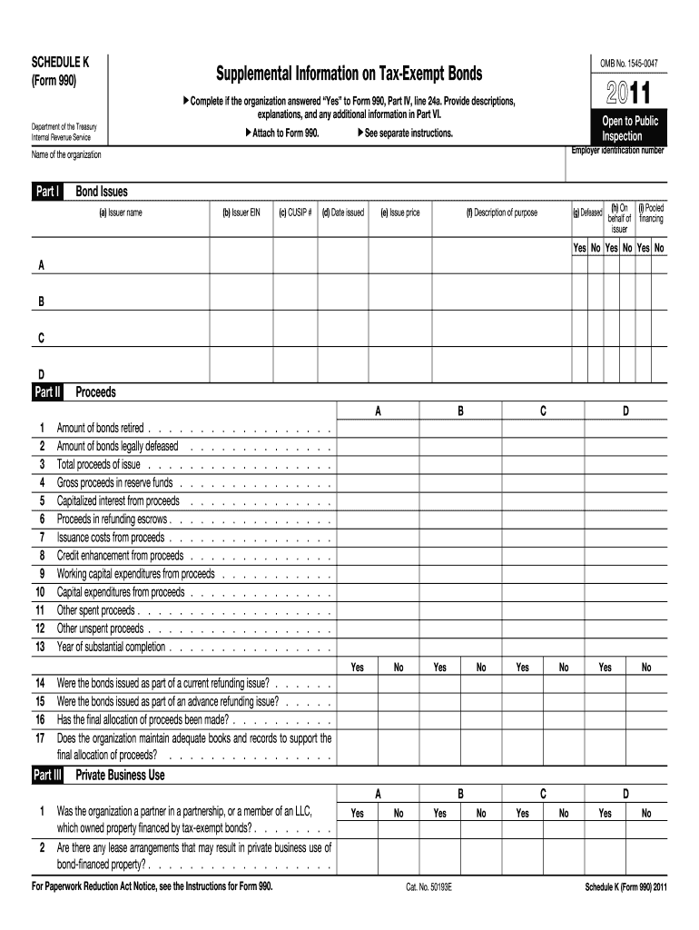 Form 990 Schedule K Supplemental Information on Tax Exempt Bonds