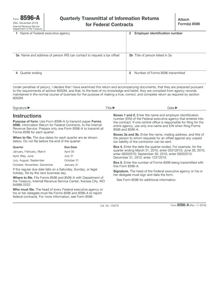 Form 8596 a Rev November Quarterly Transmittal of Information Returns for Federal Contracts