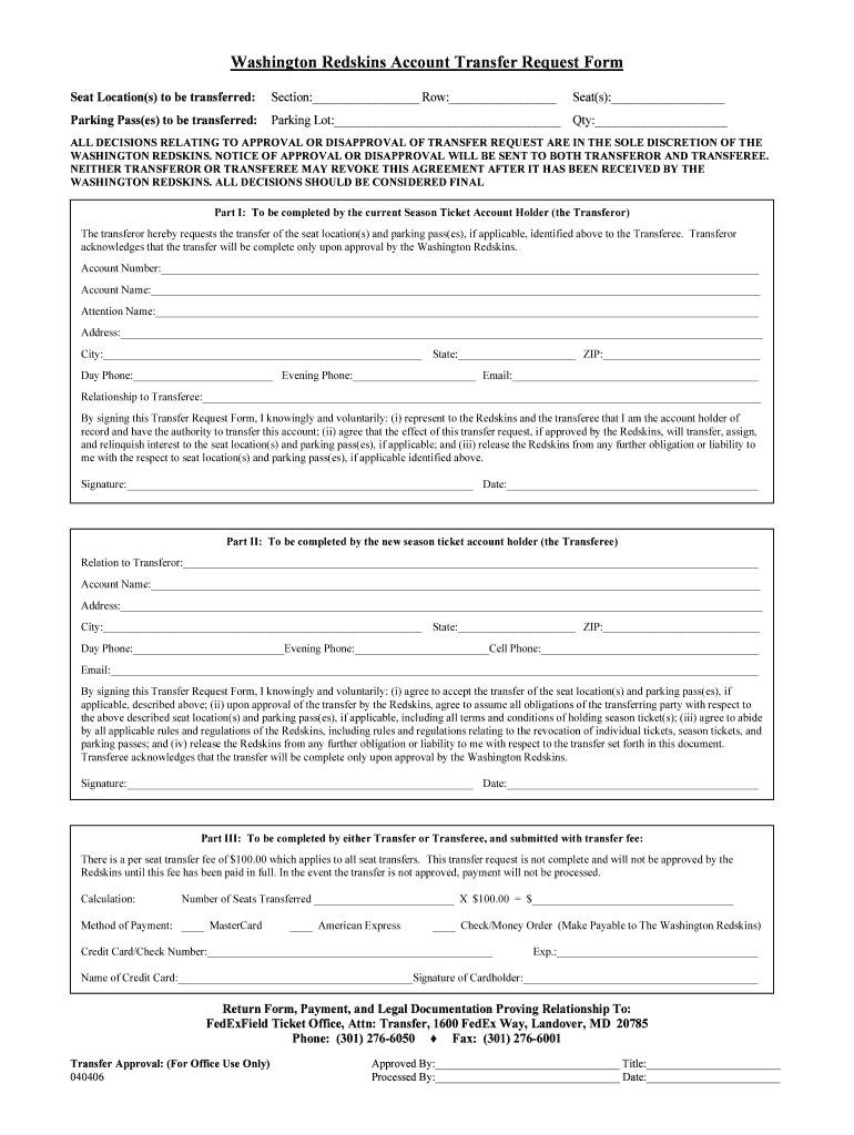 Washington Redskins Account Transfer Request Form