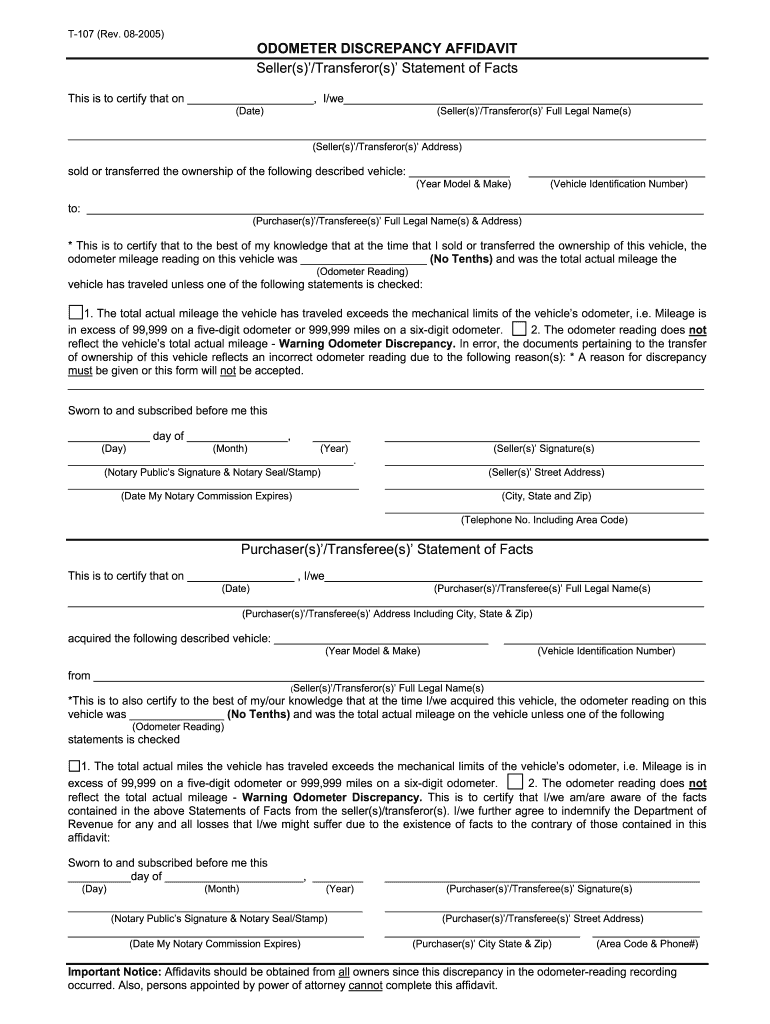 Odometer Discrepancy Affidavit  Form