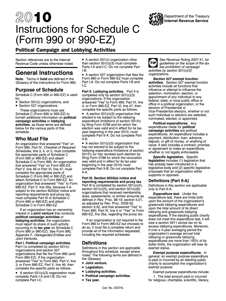 Instruction 990 or 990 EZ SCH C Instructions for Schedule C Form 990 or 990 EZ, Political Campaign and Lobbying Activities