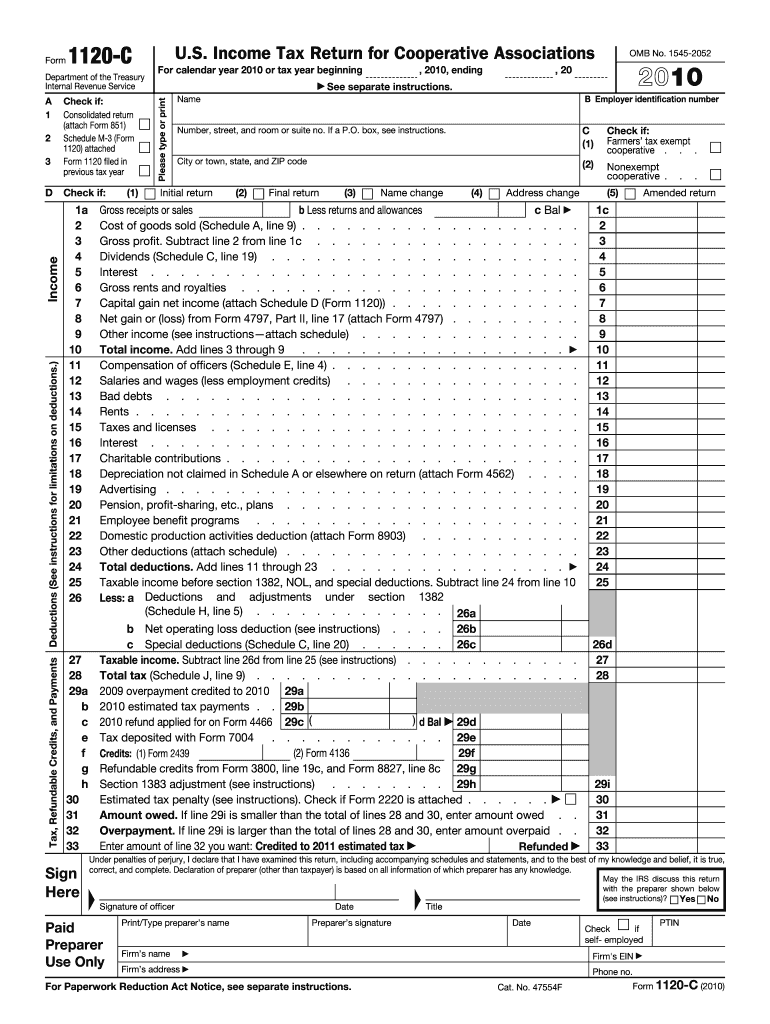  Form 1120 C U S Income Tax Return for Cooperative Associations 2010
