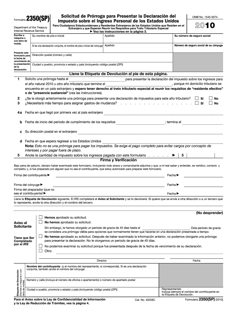 Form 2350SP Application for Extension of Time to File U S Income Tax Return Spanish Version