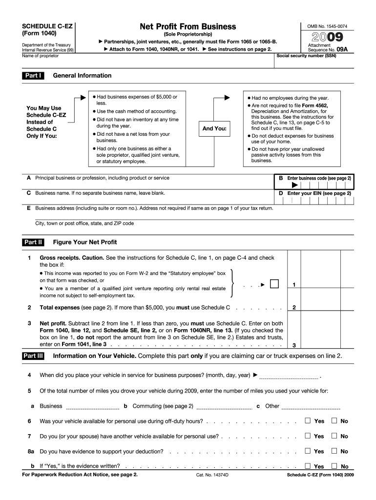 Get and Sign PDF Fillable Schedule C Ez for Form 2009-2022