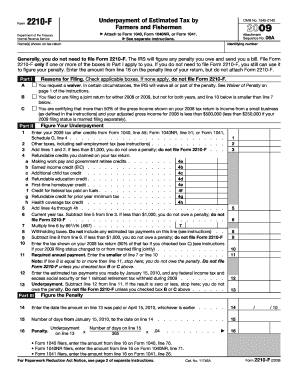 Form 2210 F Underpayment of Estimated Tax by Farmers and Fishermen Attach to Form 1040, Form 1040NR, or Form 1041