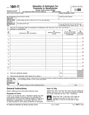 Form 1041 T Allocation of Estimated Tax Payments to Beneficiaries under Code Section 643g for Calendar Year or Fiscal Year Begin