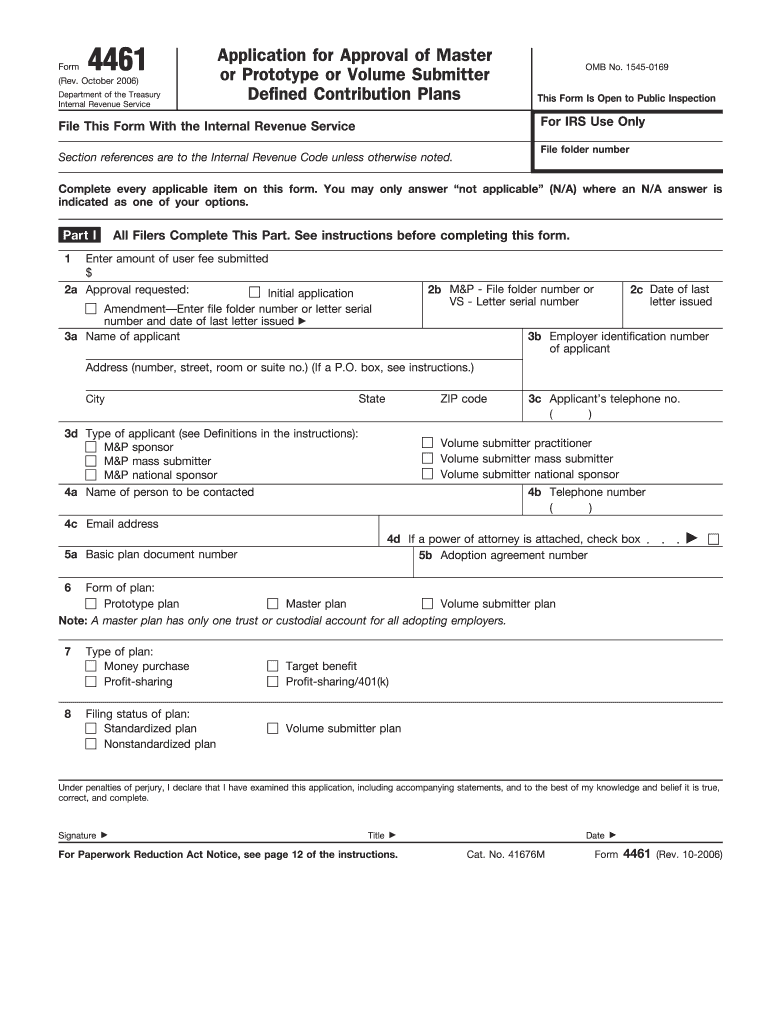 Form 4461 Rev October Application for Approval of Master or Prototype or Volume Submitter Defined Contribution Plans