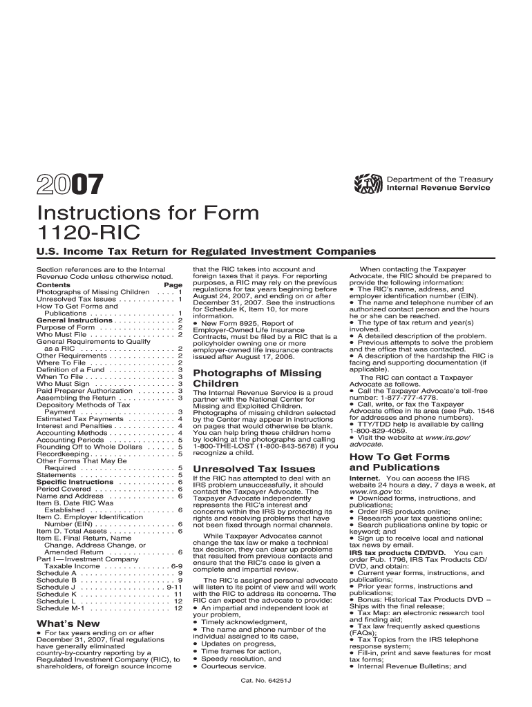 Instructions for Form 1120 RIC U