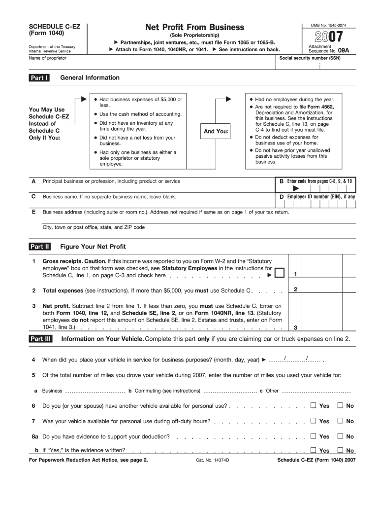  Printable Schedule C Ez Form 2007