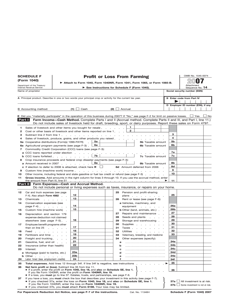  Form 1040 Schedule F Fill in Capable Profit or Loss from Farming 2007