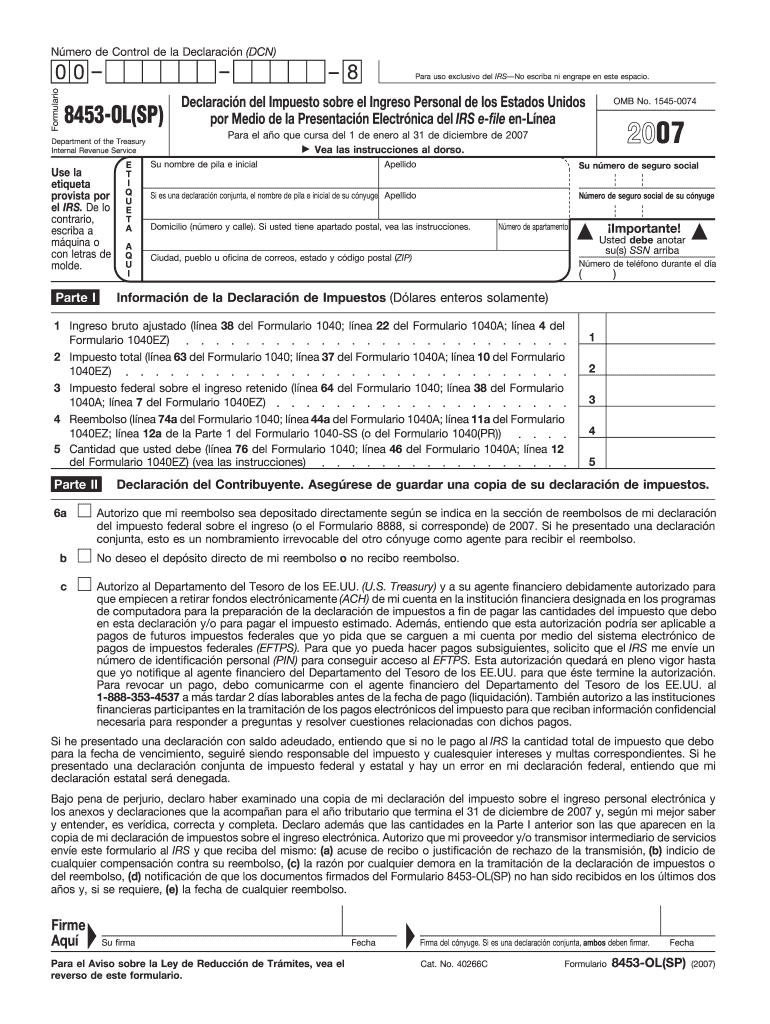 Form 8453 OL SP Fill in Capable U S Individual Income Tax Declaration for an IRS E File Online Return Spanish Versio