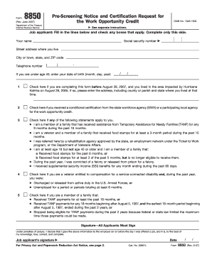 Form 8850 Rev June Fill in Capable Pre Screening Notice and Certification Request for the Work Opportunity Credit