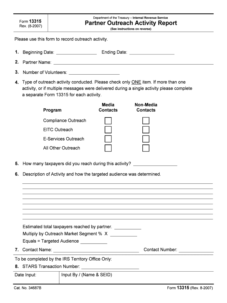 Form 13315 Rev August Partner Outreach Activity Report