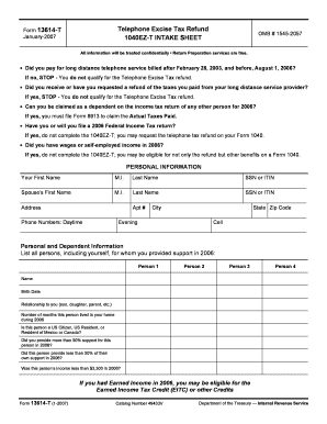 Form 13614 T Rev January Fill in Capable Telephone Excise Tax Refund 1040EZ T INTAKE SHEET