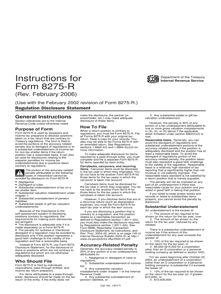 Instructions for Form 8275 R Rev February Instructions for Form 8275 R, Regulation Disclosure Statement