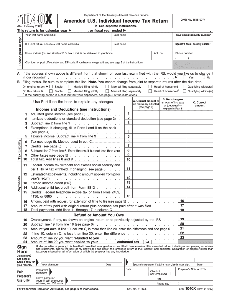 Form 1040x Rev February