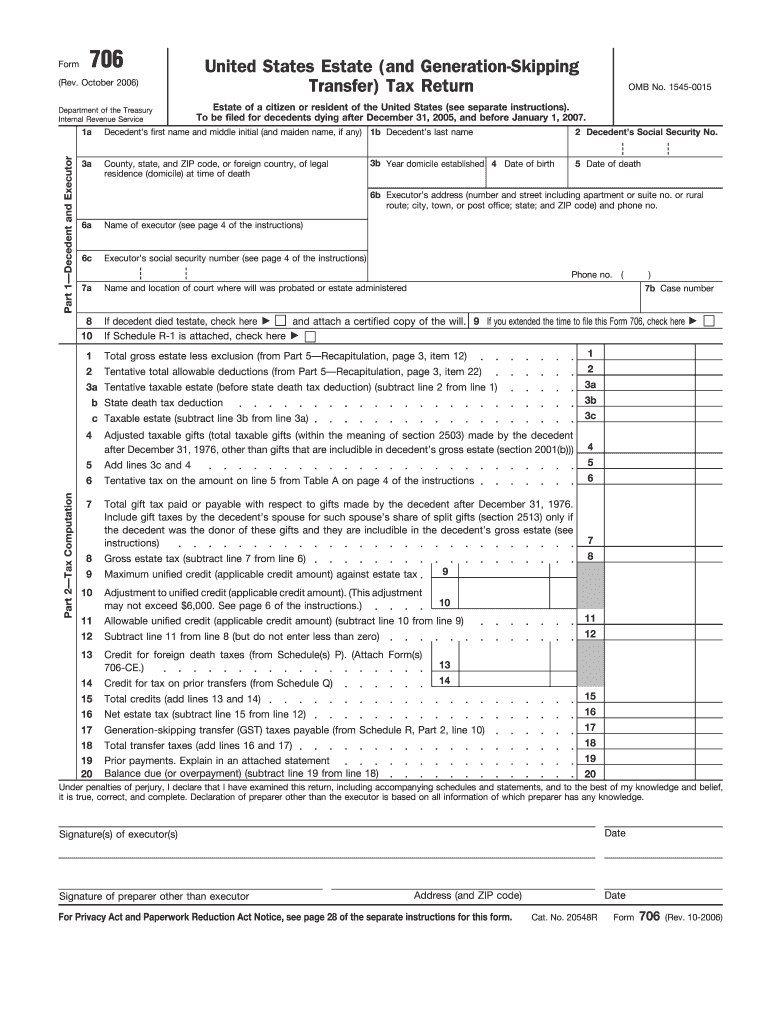 Form 706 Rev October Fill in Capable United States Estate and Generation Skipping Transfer Tax Return