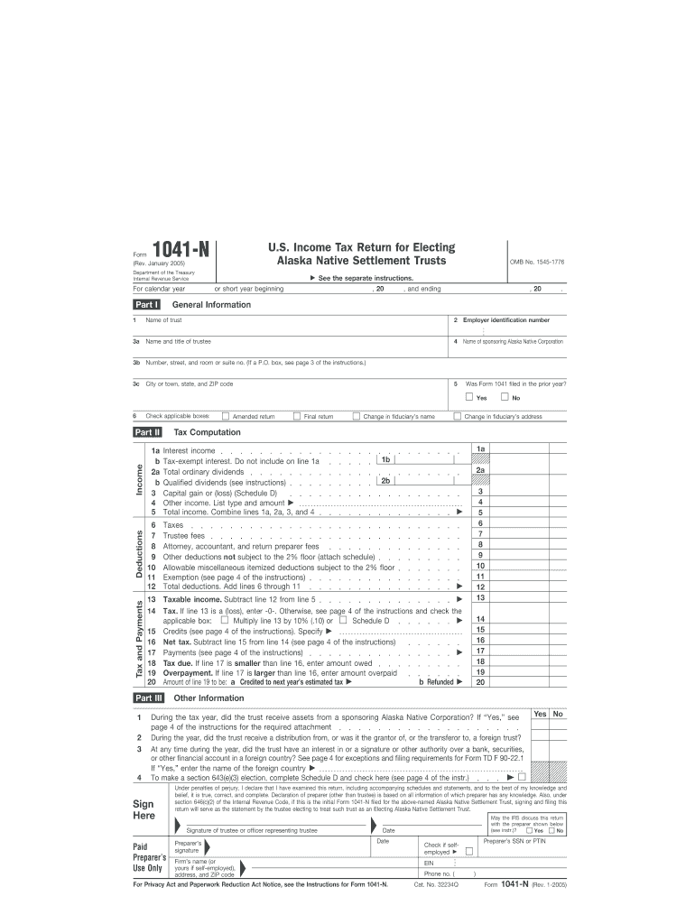  Form 1041 N Rev January Fill in Capable U S Income Tax Return for Electing Alaska Native Settlement Trusts 2005