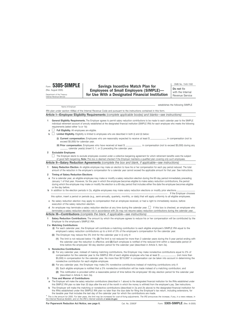  Simple Ira August 5305 Form 2005