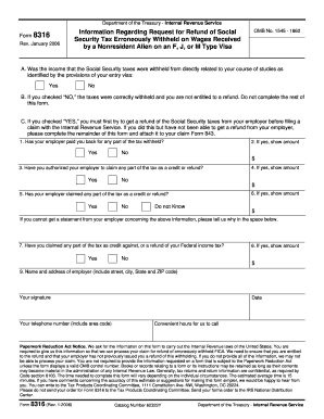 Form 8316 Rev January Fill in Capable Information Regarding Request for Refund of Social Security Tax Erroneously Withheld on Wa