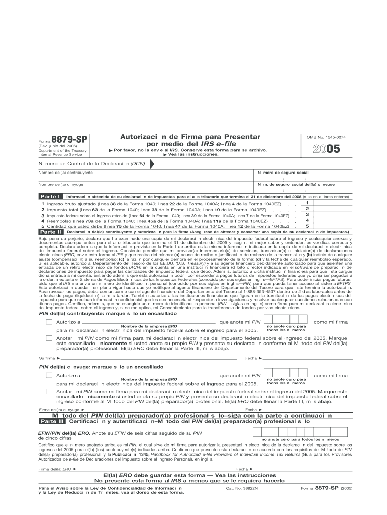 Form 8879 SP Fill in Capable IRS E File Signature Authorization Spanish Version