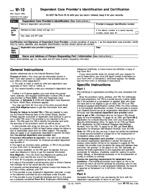 August Department of the Treasury Internal Revenue Service Part I Please Print or Type Dependent Care Provider&#039;s Identifica  Form