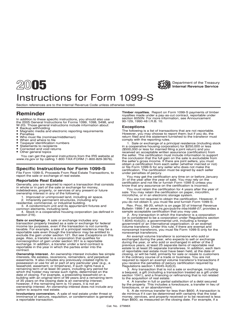 Instructions for Form 1099 S Instructions for Form 1099 S, Proceeds from Real Estate Transactions