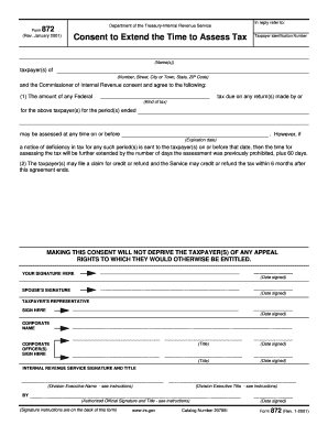 Form 872 Department of the Treasury Internal Revenue Service in Reply Refer to Taxpayer Identification Number Rev