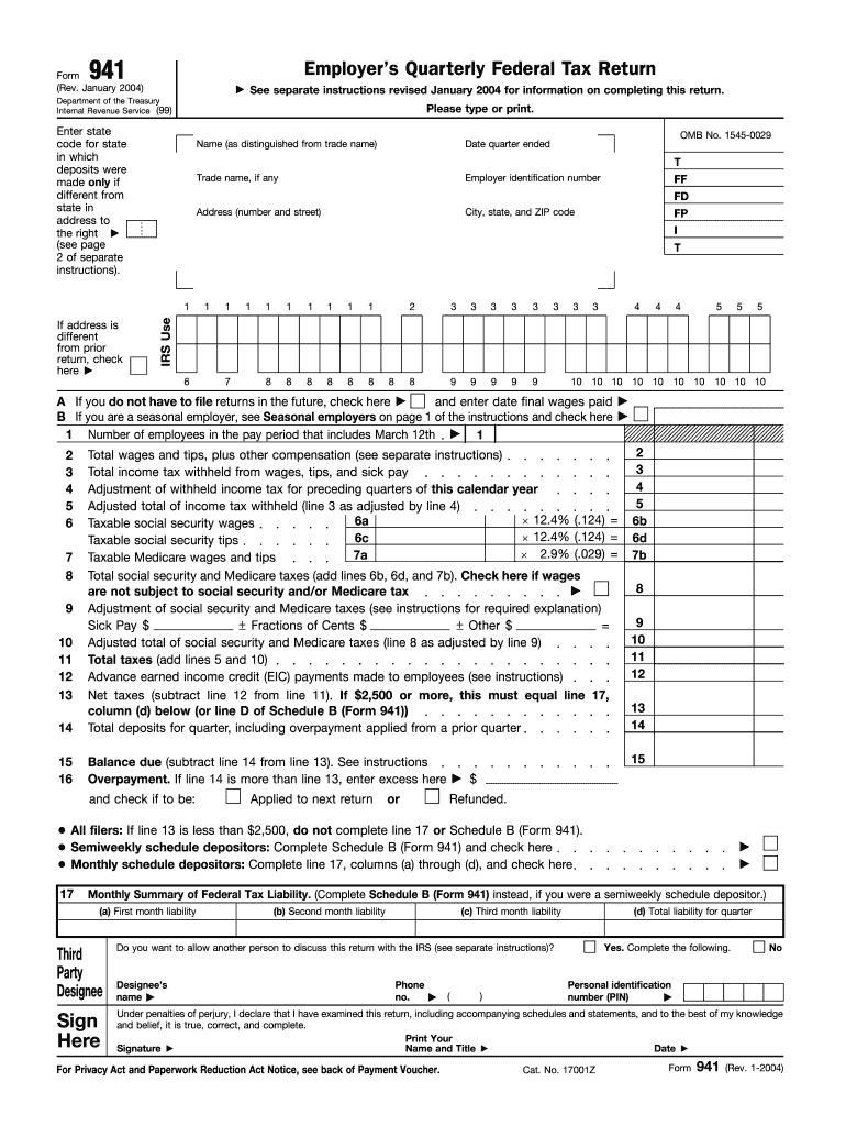 January Department of the Treasury Internal Revenue Service 99 941 Employer's Quarterly Federal Tax Return See Separate  Form